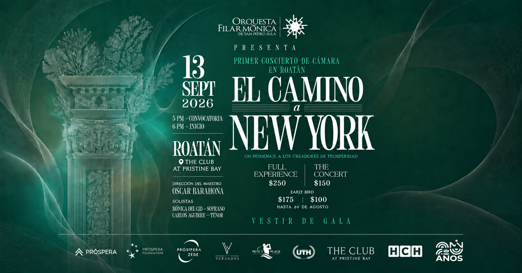 El Camino a New York — Orquesta Filarmónica de San Pedro Sula, 13 de septiembre de 2026, The Club at Pristine Bay, Roatán